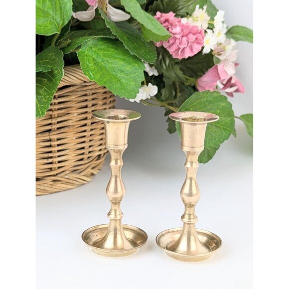 Pair of Vintage Slim Brass Candlestick Holders 4" Brass Candle Holders Set 1970s - Picture 2 of 9